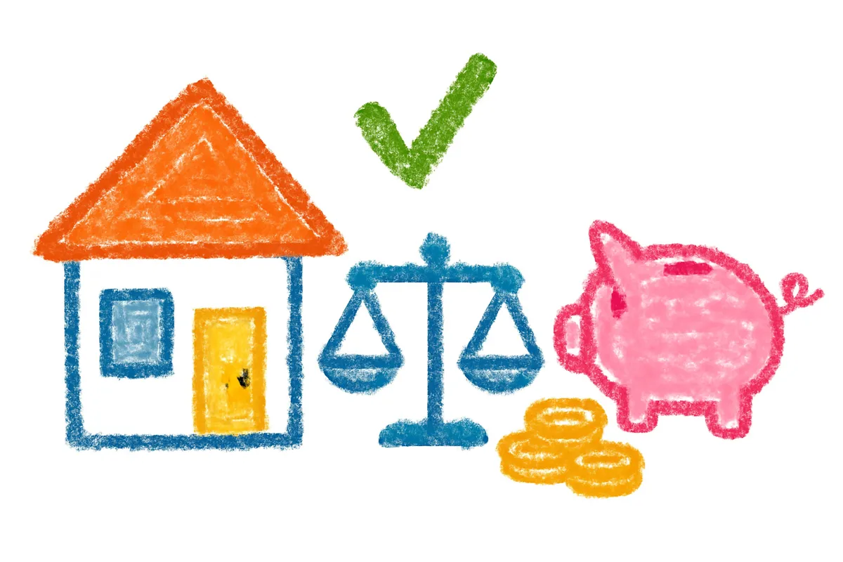 家と貯金箱の天秤バランスのイメージ