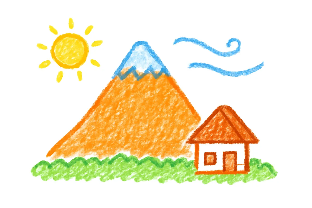 伊吹山と岐阜の街並みを描いたクレヨン画イラスト