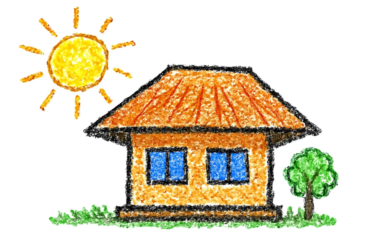 深い軒で夏の日差しを遮る家のクレヨン画イラスト