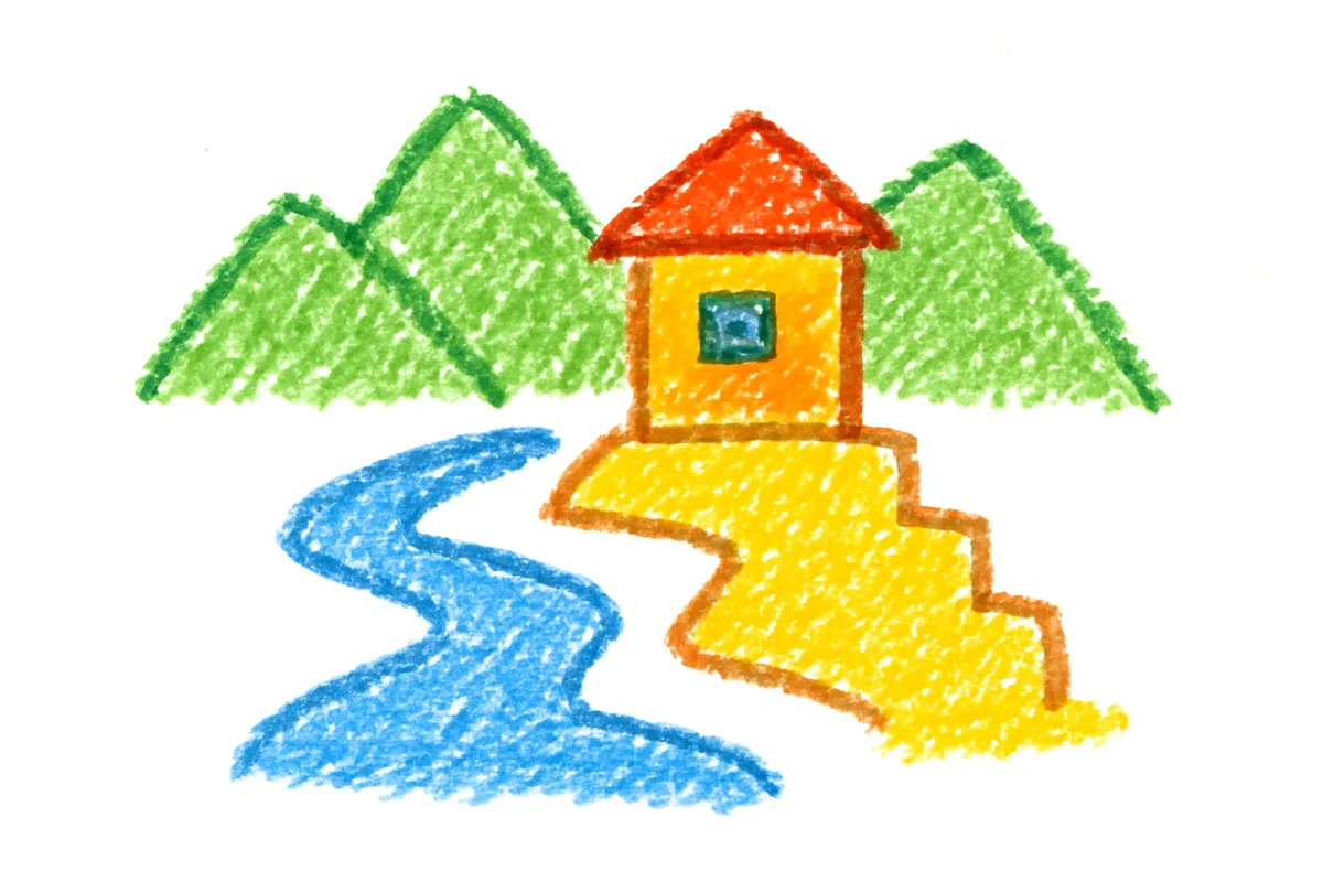 台地の上に立つ家と川・山の風景イラスト