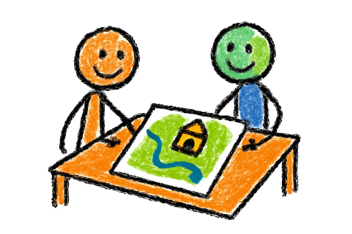 テーブルで土地の地図を見ながら相談する2人のイラスト