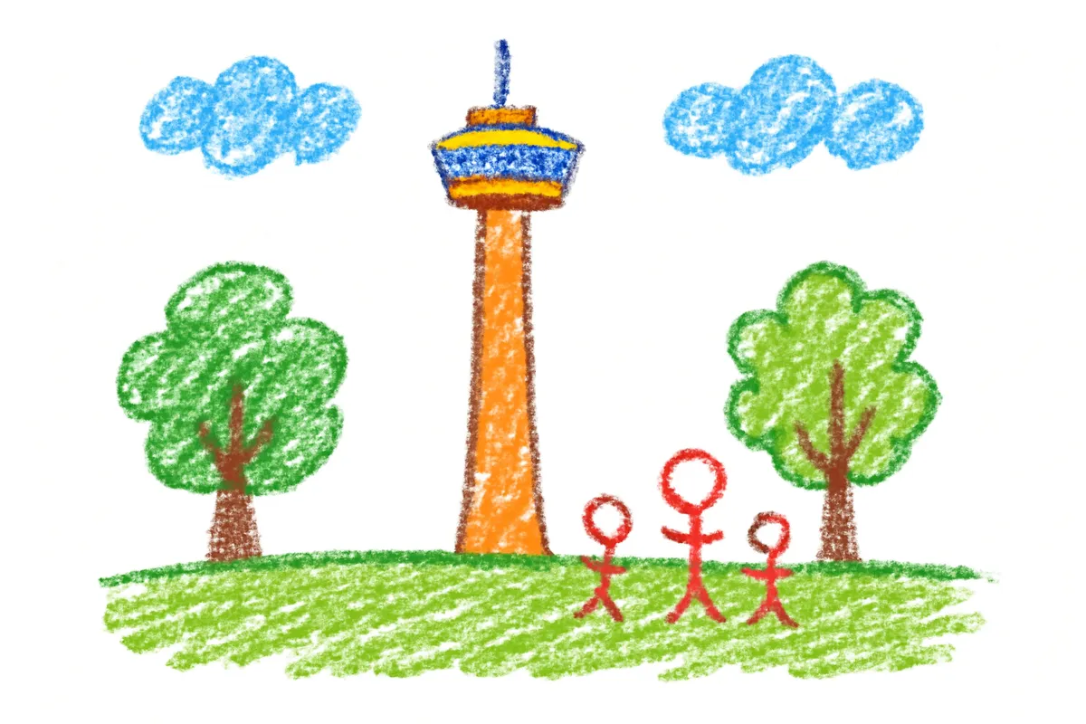 公園でくつろぐ家族とタワーのイラスト