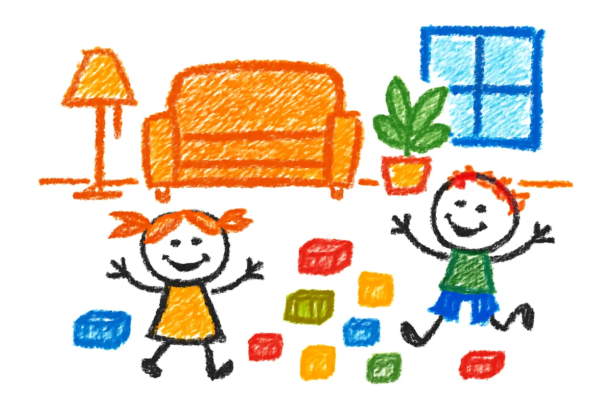 子どもが遊ぶリビングのイメージ：広いリビングでブロック遊びをする子どもたち