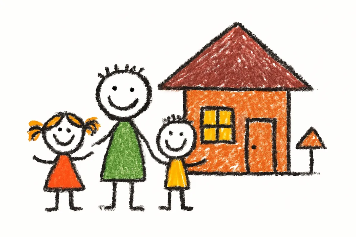 完成した住まいの前で安心した表情を見せる家族のイメージ