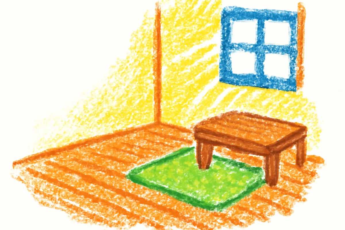 漆喰の壁と無垢材の床が調和する明るい室内のイメージ